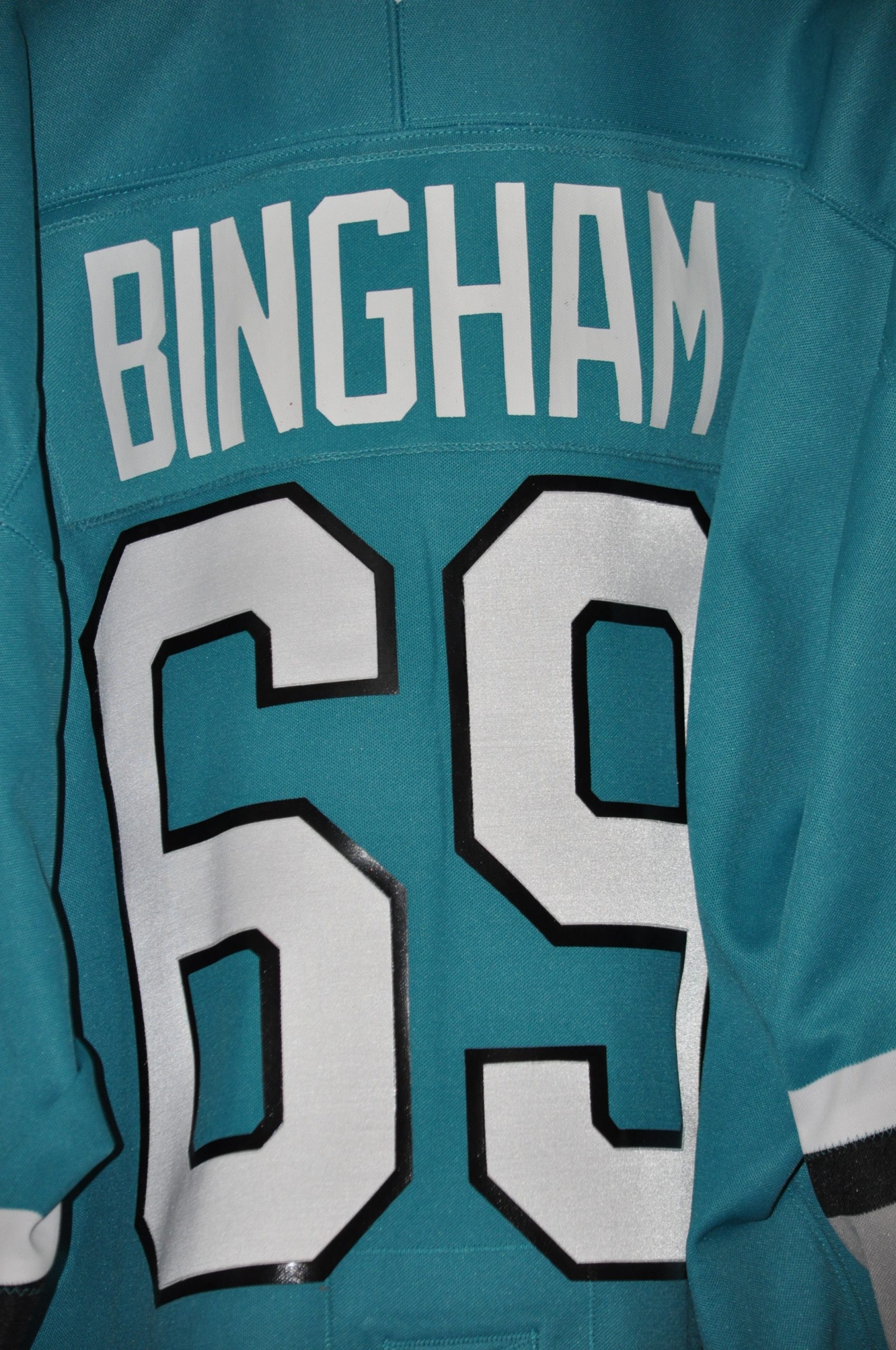 San Jose Sharks Bingham Teal preseason jersey. #69 “No Longer in