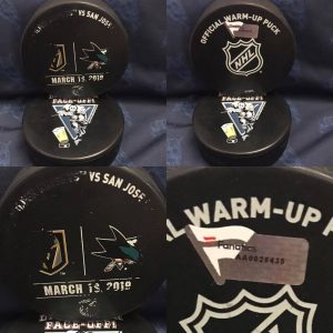 2019 San Jose Sharks vs Las Vegas Golden Knights official used warm Up Puck. #AA0026435. March 19 2019.