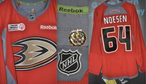 Anaheim Ducks . #64Stefan Noesen. Reebox. Special Olympics Used Warm up jersey. Anaheim Ducks tagging in collar. "8436"